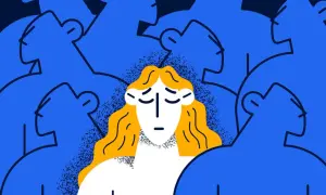 Eine einsame Figur mit gelben Haaren inmitten einer blauen Menge, die das Gefühl vermittelt, wenn man vergessen wird.