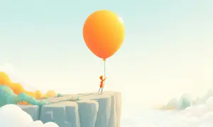 Ein Kind steht am Rand einer Klippe und hält einen orangen Ballon. Es ist ein Bild vom loslassen lernen.