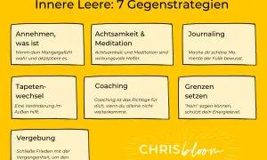 Gegenstrategien gegen das Gefühl der inneren Leere: Annehmen, Achtsamkeit, Journaling, Tapetenwechsel, Coaching, Grenzen setzen, Vergebung.