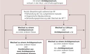 Flussdiagramm zur Behandlung von unipolaren Depressionen: Rezidivprophylaxe mit Antidepressiva, Behandlung von Rückfällen und Therapieanpassungen.