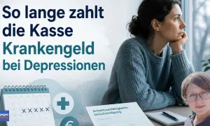Frau blickt nachdenklich aus dem Fenster. Text: "So lange zahlt die Kasse Krankengeld bei Depressionen". Kalender zeigt X'e. Thema: Depression wie lange krank.