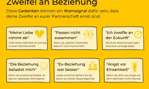 Grafik zeigt Zweifel an Beziehungen: Liebe schwindet, Unstimmigkeiten, Zukunftsangst, Belastung, Ex-Partner besser, Angst vor Einsamkeit. Diese Gedanken können auf Angst vor dem Partner hindeuten.