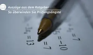 Stift auf Papier mit mathematischen Gleichungen. Ein Ratgeber-Auszug mit dem Titel "So überwinden Sie Prüfungsängste" deutet auf eine hohe Risikobereitschaft bei der Bewältigung von Herausforderungen hin.