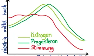 Grafik zeigt Hormonkurven (Östrogen, Progesteron) und Stimmung während Schwangerschaft, Geburt und Wochenbett. Niedrige Stimmung korreliert mit sinkenden Hormonen, was den "Schwangerschaftsblues" erklären kann.