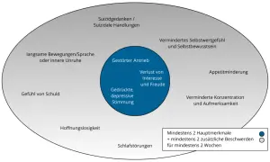 Diagramm zeigt Symptome eines depressiven Schubs: gedrückte Stimmung, Antriebslosigkeit, Suizidgedanken, Schlafstörungen, Appetitminderung, Hoffnungslosigkeit.