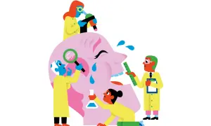 Wissenschaftler untersuchen eine weinende, riesige rosa Figur. Verschiedene humor arten werden hier dargestellt, von der Lupe bis zum Messband.