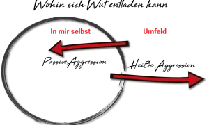 Pfeile zeigen auf "In mir selbst" (passive Aggression) und "Umfeld" (heiße Aggression), illustriert, wie Wut sich entladen kann und wie wichtig es ist, Aggressionen zu kontrollieren.