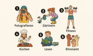 Sechs Icons zeigen Aktivitäten: Fotografieren, Gärtnern, Fitness, Kochen, Lesen, Ehrenamt. Welcher Test zeigt, wie ist mein Charakter?