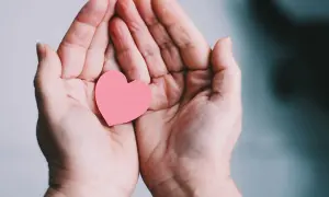 Zwei Hände halten ein rosa Herz. Ein Symbol für Geben und Nehmen, Liebe und Fürsorge.