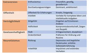 Tabelle mit Persönlichkeitsmerkmalen: Extraversion, Offenheit, Verträglichkeit, Gewissenhaftigkeit, Neurotizismus.
