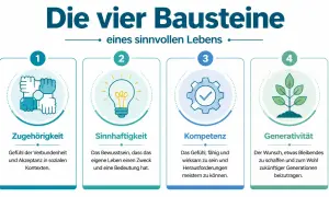 Die vier Bausteine eines sinnvollen Lebens: Zugehörigkeit, Sinnhaftigkeit, Kompetenz und Generativität. So kann man Sinn im Leben finden.