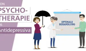 Illustration zeigt eine Frau mit Regenschirm, eine Ärztin und einen Mann vor einer Tafel mit "Optimale Behandlung". Psychotherapie und Antidepressiva als Mittel bei Depressionen.