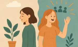 Zwei Frauen, eine introvertiert mit Pflanze, die andere extrovertiert winkend zu einer Gruppe.