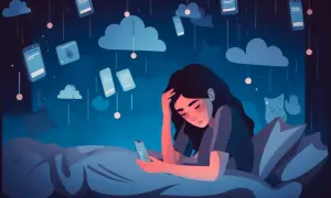 Eine Frau liegt im Bett, umgeben von fallenden Smartphones und Wolken. Sie fühlt die FOMO-Bedeutung, die Angst, etwas zu verpassen.