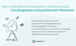 Eine Person mit vielen Symbolen für Gefühle um den Kopf. Alexithymie Ursachen bei Hochbegabten und Autisten.