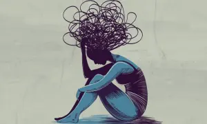 Eine Frau sitzt gekrümmt, ihr Kopf in den Händen, während sich über ihr ein chaotisches Gewirr aus Linien ausbreitet. Sie kämpft mit der **Angst vor der Vergangenheit**.