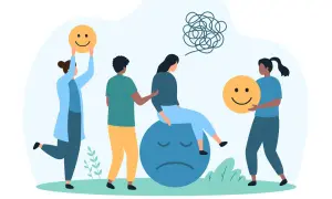 Menschen unterstützen eine Person, die auf einem traurigen Gesicht sitzt. Sie helfen, die **Emotionen rauslassen** und zeigen lächelnde Gesichter.