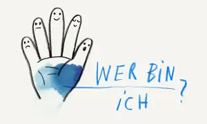Eine Hand mit fünf Fingern, die Gesichter mit verschiedenen Ausdrücken tragen, fragt sich: "Wer bin ich?".