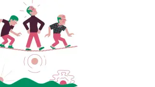 Drei Männer balancieren auf einem Seil, was ist eine Midlife Crisis? Ein junger Mann, ein Mann mittleren Alters und ein älterer Mann, die alle unsicher ihren Weg suchen.