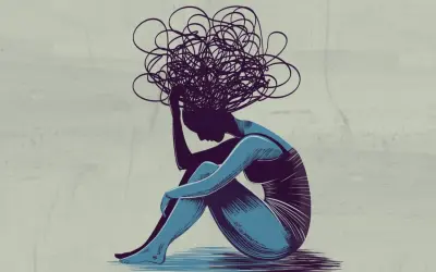 Eine Frau sitzt gekrümmt, ihr Kopf in den Händen, während sich über ihr ein chaotisches Gewirr aus Linien ausbreitet. Sie kämpft mit der **Angst vor der Vergangenheit**.