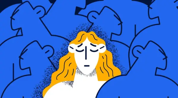 Eine einsame Figur mit gelben Haaren inmitten einer blauen Menge, die das Gefühl vermittelt, wenn man vergessen wird.
