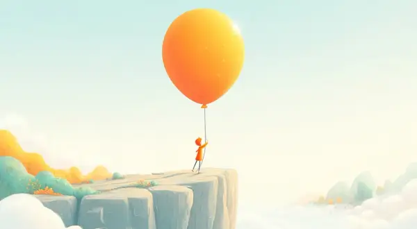 Ein Kind steht am Rand einer Klippe und hält einen orangen Ballon. Es ist ein Bild vom loslassen lernen.