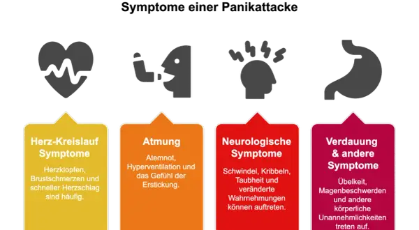 Symptome einer Panikattacke: Herzrasen, Atemnot, Schwindel, Übelkeit. Manchmal sind panikattacken wegen partner Auslöser.