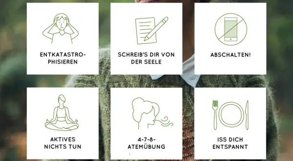 Sechs Icons zeigen Wege zu mehr ruhe im kopf: Entkatastrophisieren, Schreiben, Abschalten, Aktives Nichts tun, 4-7-8-Atemübung, Entspannt essen.