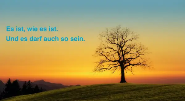 Ein kahler Baum auf einem Hügel bei Sonnenuntergang. Der Himmel ist in warmen Orange- und Blautönen gehalten. Der Spruch "Es ist, wie es ist." steht in blauer Schrift.