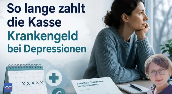 Frau blickt nachdenklich aus dem Fenster. Text: "So lange zahlt die Kasse Krankengeld bei Depressionen". Kalender zeigt X'e. Thema: Depression wie lange krank.