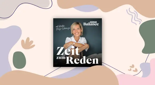 Lächelnde Frau mittleren Alters mit dem Titel "Zeit zum Reden" und dem Logo "Woman Balance".