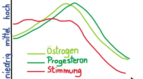 Grafik zeigt Hormonkurven (Östrogen, Progesteron) und Stimmung während Schwangerschaft, Geburt und Wochenbett. Niedrige Stimmung korreliert mit sinkenden Hormonen, was den "Schwangerschaftsblues" erklären kann.