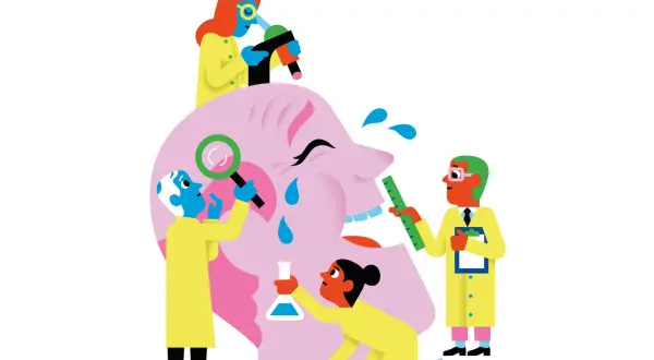 Wissenschaftler untersuchen eine weinende, riesige rosa Figur. Verschiedene humor arten werden hier dargestellt, von der Lupe bis zum Messband.