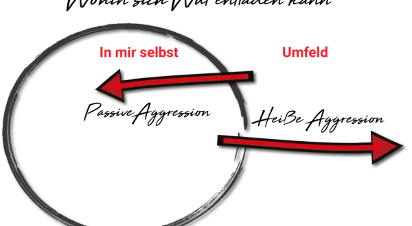 Pfeile zeigen auf "In mir selbst" (passive Aggression) und "Umfeld" (heiße Aggression), illustriert, wie Wut sich entladen kann und wie wichtig es ist, Aggressionen zu kontrollieren.