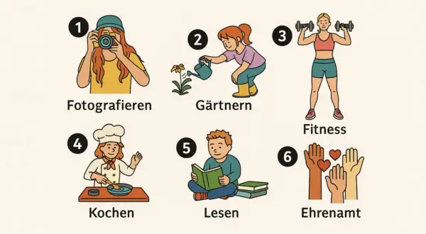 Sechs Icons zeigen Aktivitäten: Fotografieren, Gärtnern, Fitness, Kochen, Lesen, Ehrenamt. Welcher Test zeigt, wie ist mein Charakter?