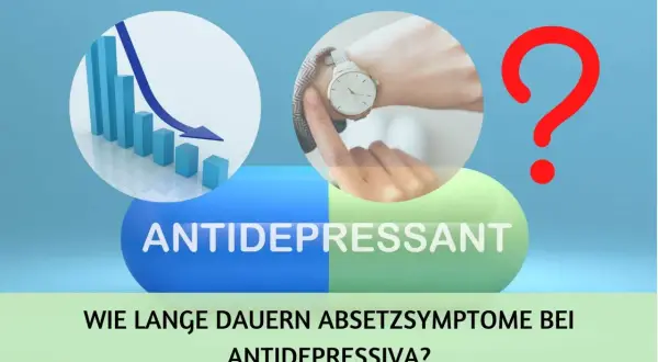 Grafik zeigt fallende Balken, eine Uhr und ein Fragezeichen. Text: "Antidepressiva absetzen ohne Arzt? Wie lange dauern Absetzsymptome?