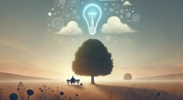 Ein Mann sitzt allein auf einer Bank unter einem Baum. Über ihm schwebt eine leuchtende Glühbirne, die Ideen symbolisiert. Dies kann als Metapher für die Suche nach Inspiration aus der **Langeweile aus psychologischer Sicht** interpretiert werden.