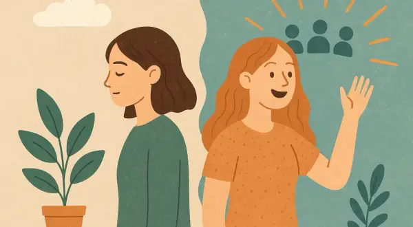 Zwei Frauen, eine introvertiert mit Pflanze, die andere extrovertiert winkend zu einer Gruppe.