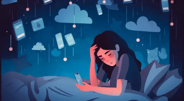 Eine Frau liegt im Bett, umgeben von fallenden Smartphones und Wolken. Sie fühlt die FOMO-Bedeutung, die Angst, etwas zu verpassen.