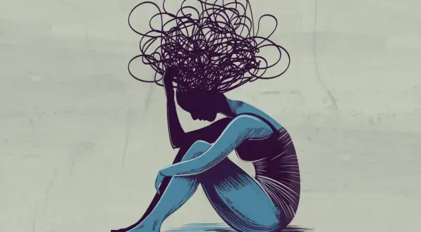 Eine Frau sitzt gekrümmt, ihr Kopf in den Händen, während sich über ihr ein chaotisches Gewirr aus Linien ausbreitet. Sie kämpft mit der **Angst vor der Vergangenheit**.