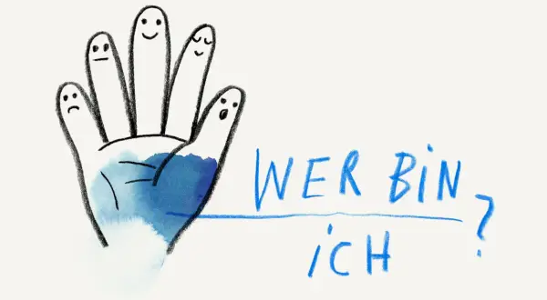 Eine Hand mit fünf Fingern, die Gesichter mit verschiedenen Ausdrücken tragen, fragt sich: "Wer bin ich?".