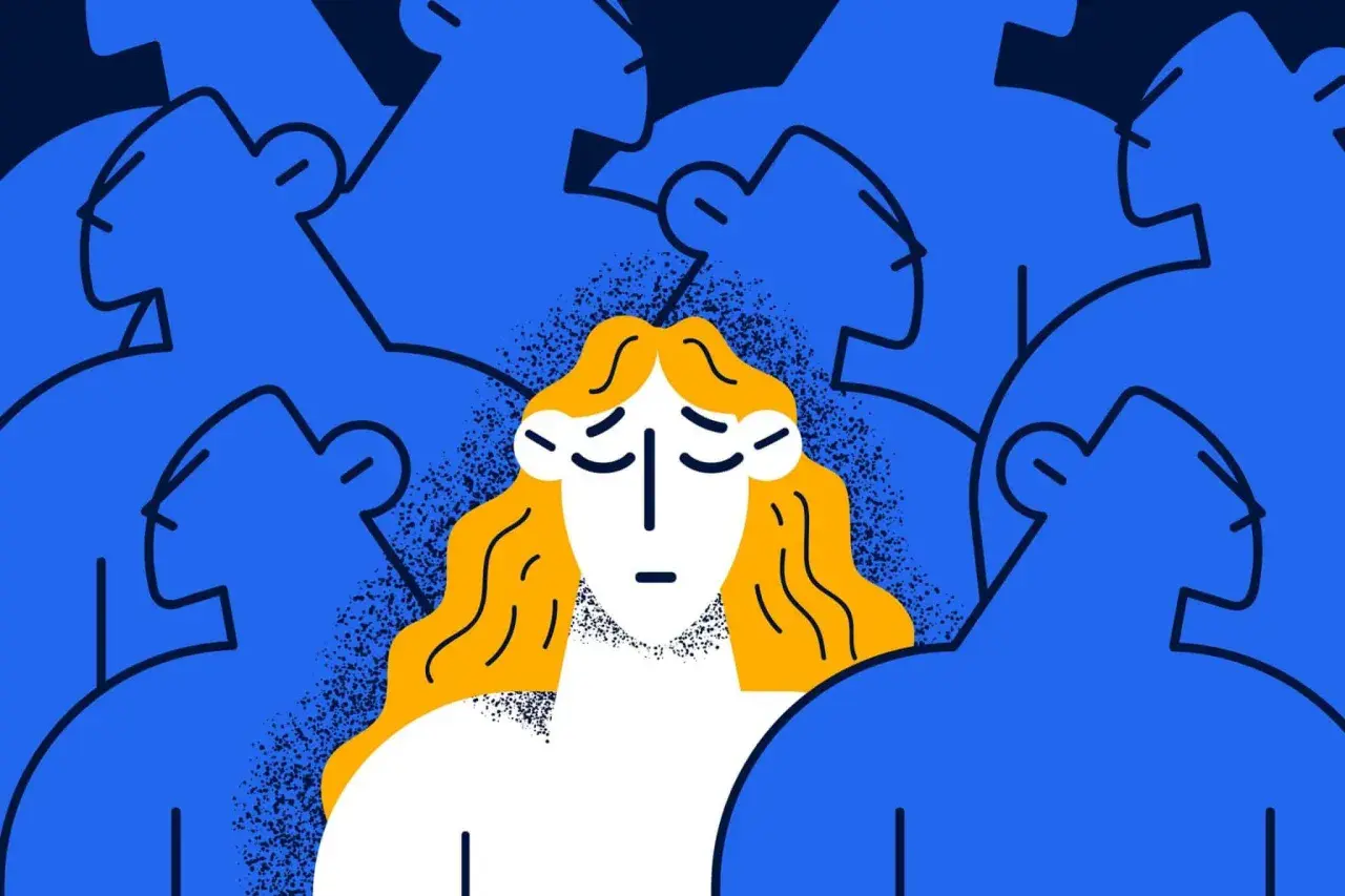 Eine einsame Figur mit gelben Haaren inmitten einer blauen Menge, die das Gefühl vermittelt, wenn man vergessen wird.