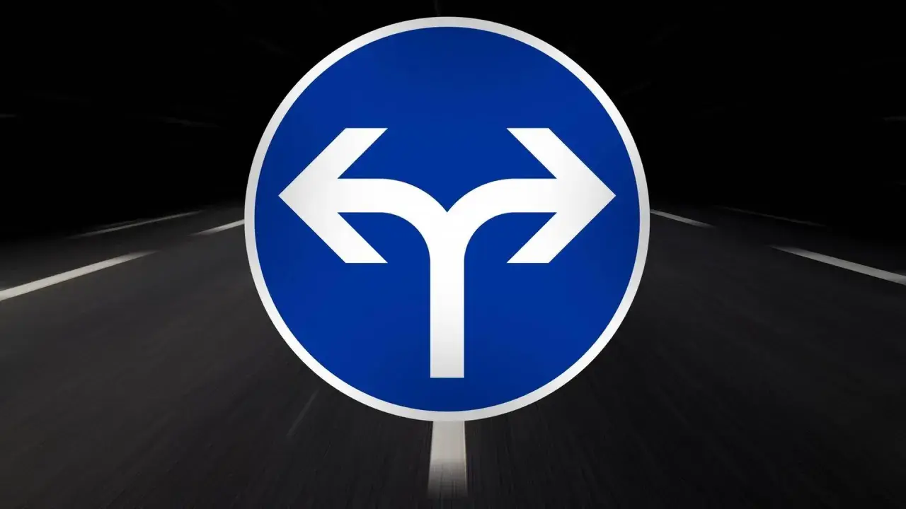 Ein Wegweiser zeigt links und rechts. Sollte ich mich trennen? Die Entscheidung ist schwer, wie eine Weggabelung auf der Straße.