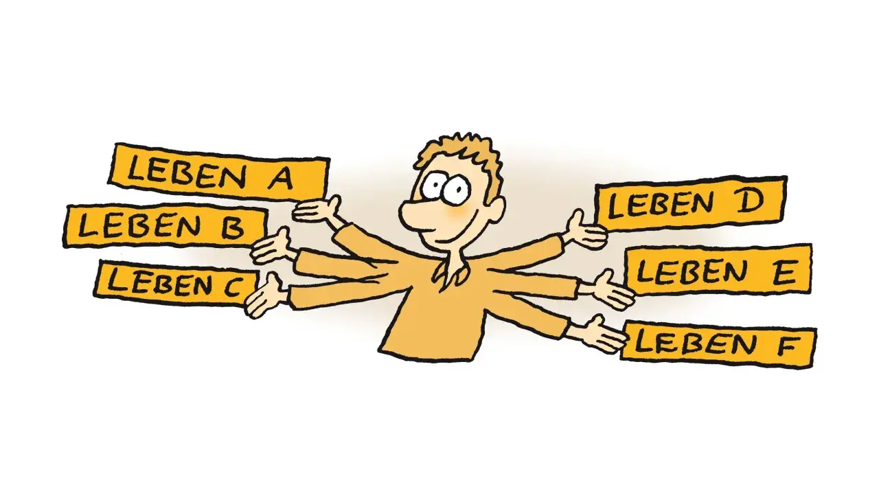 Ein Mann mit vielen Armen versucht, mehrere Leben gleichzeitig zu jonglieren. Er repräsentiert menschen, die nur an sich denken und alles kontrollieren wollen.