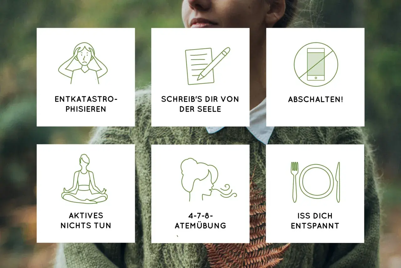Sechs Icons zeigen Wege zu mehr ruhe im kopf: Entkatastrophisieren, Schreiben, Abschalten, Aktives Nichts tun, 4-7-8-Atemübung, Entspannt essen.