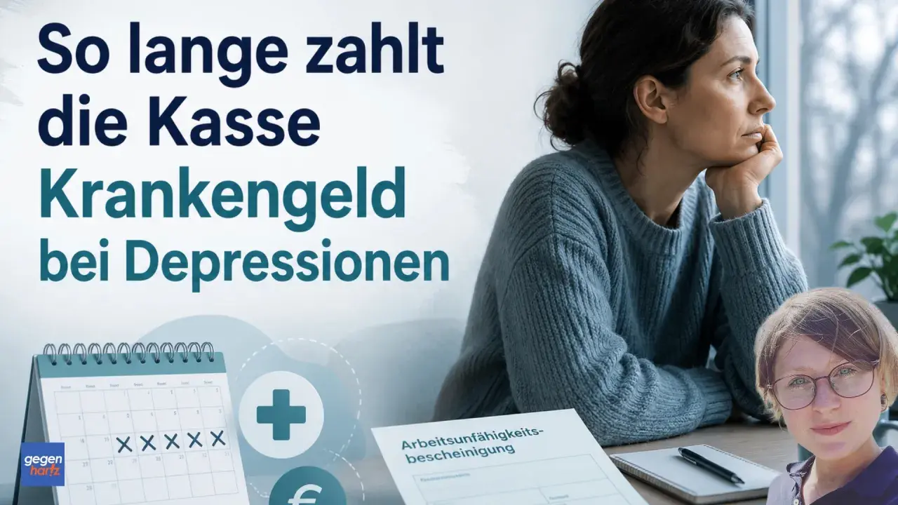 Frau blickt nachdenklich aus dem Fenster. Text: "So lange zahlt die Kasse Krankengeld bei Depressionen". Kalender zeigt X'e. Thema: Depression wie lange krank.