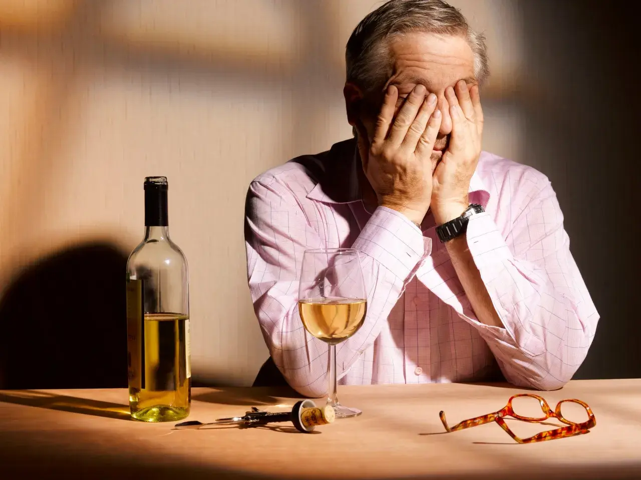 Mann mit Händen vor dem Gesicht, Wein, Korkenzieher und Brille auf dem Tisch. Ein Bild, das die Verzweiflung und die Folgen von Korsakow-Syndrom symbolisiert.