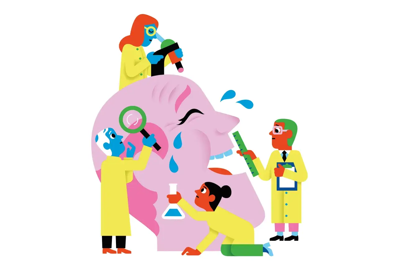 Wissenschaftler untersuchen eine weinende, riesige rosa Figur. Verschiedene humor arten werden hier dargestellt, von der Lupe bis zum Messband.