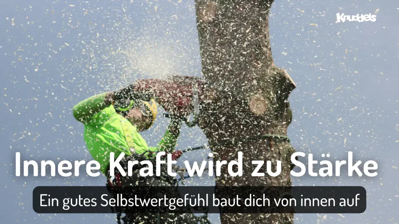Ein Baumkletterer mit Kettensäge, umgeben von Sägespänen. Innere Kraft wird zu Stärke. Ein gutes Selbstwertgefühl baut dich von innen auf. Ich bin nicht wichtig.
