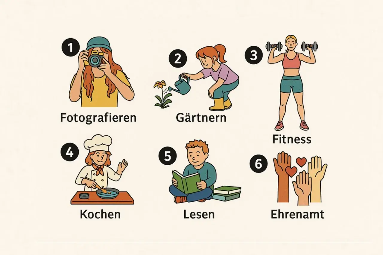 Sechs Icons zeigen Aktivitäten: Fotografieren, Gärtnern, Fitness, Kochen, Lesen, Ehrenamt. Welcher Test zeigt, wie ist mein Charakter?